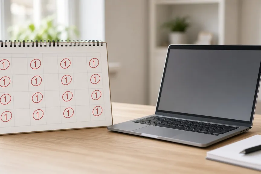 Tischkalender mit rot markierten Monatsersten neben einem aufgeklappten Laptop