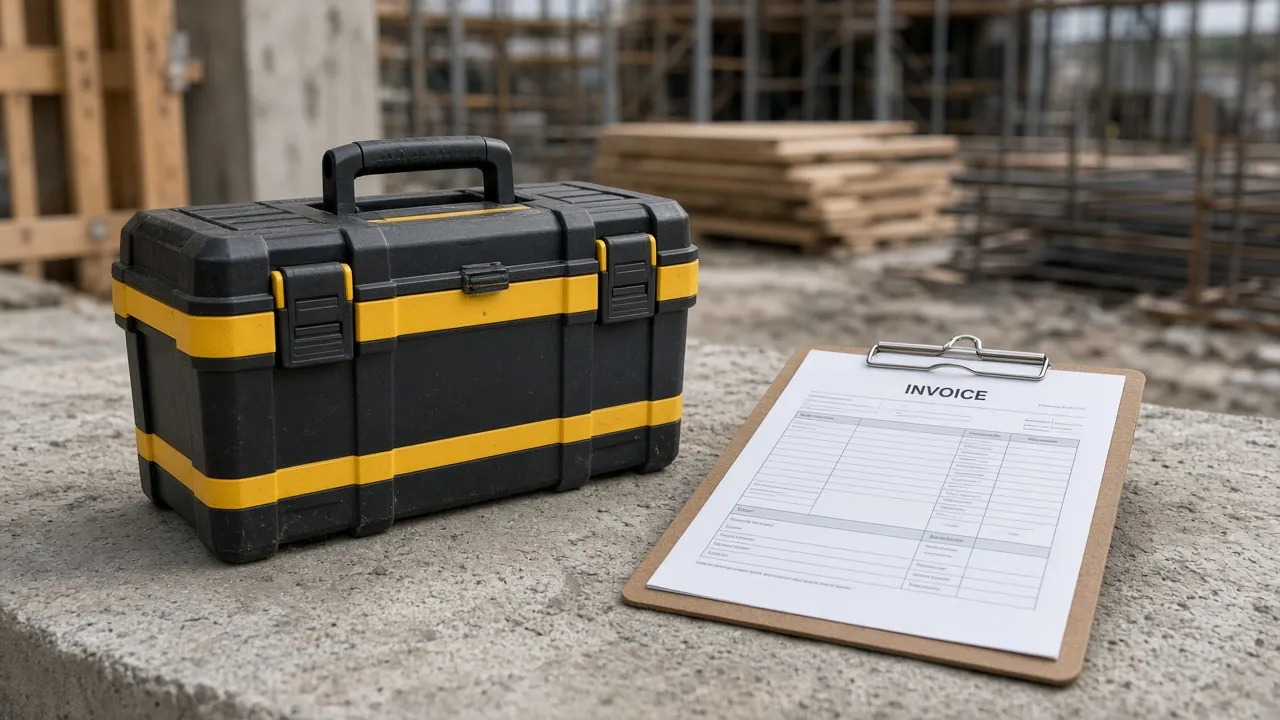 Werkzeugkoffer und Klemmbrett mit Rechnungsformular auf einer Baustelle, ohne Personen